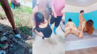 户外勾搭农村夫妻换妻4P啪啪，黑丝高跟诱惑口交大鸡巴舔逼，让大哥从拖拉机上爆草车震，室内4P乱草精彩刺激