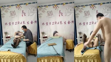 水宜方SPA按摩养生会所里的黑丝小少妇，让大哥在床上按摩撩骚揉奶玩逼，大鸡巴插入多体位蹂躏爆草干瘫床上