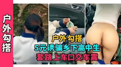 户外勾搭5元诱骗乡下高中生套路上车口交车震