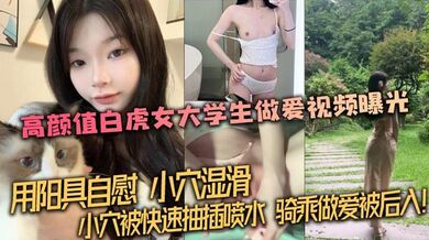 【泄密流出】高颜值白虎女大学生做爱视频曝光，用阳具自慰，小穴湿滑。小穴被快速抽插喷水，骑乘做爱被后入！