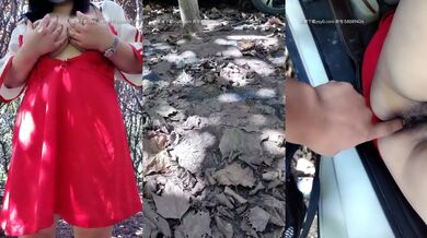 丰满小少妇户外小树林里的激情，自己揉捏奶子撅着大骚屁股给小哥口交，车内玩耍被小哥无套抽插直接内射