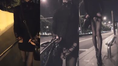 国产CD系列伪娘曦曦蕾丝连衣裙在公交站自慰高潮射精