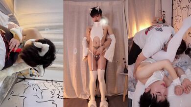 白丝伪娘吃鸡啪啪 被肥哥哥要玩坏了 鸡鸡上锁尿尿狂喷不停 操到翻白眼